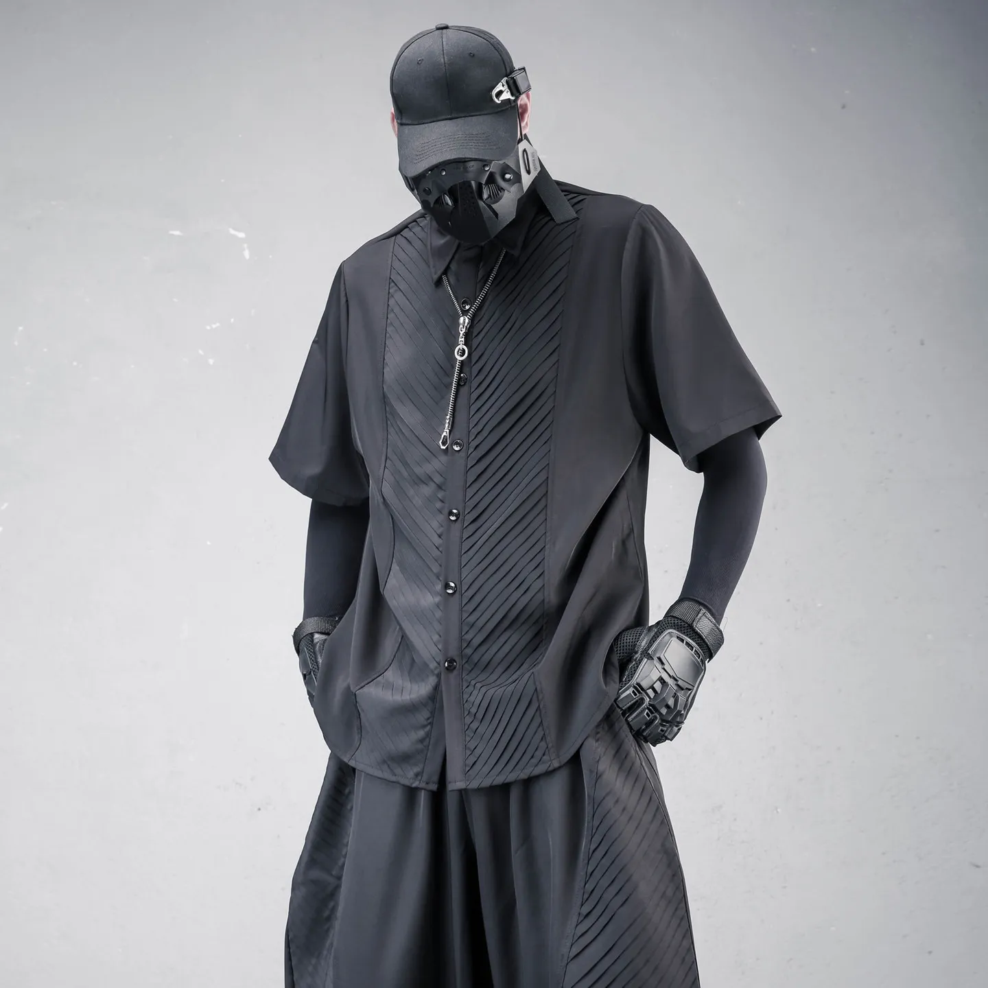 Dark Short-Sleeved Shirt Men's   Loose New Chinese Style Stand Cut Personality Pleated Design Draping