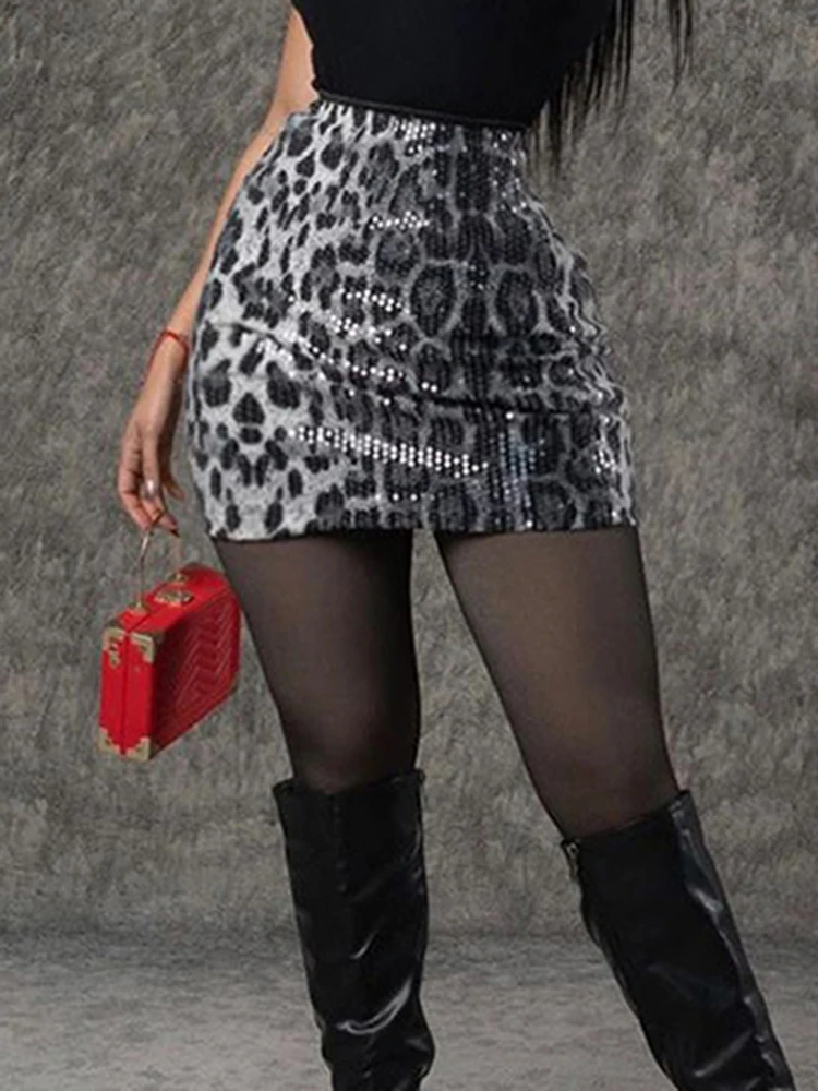 Spicy Girl Leopard Print Half Skirts Fashion High Waist Slim Wrap Hips Skirts High Street Women Shiny Sequins A-line Short Skirt