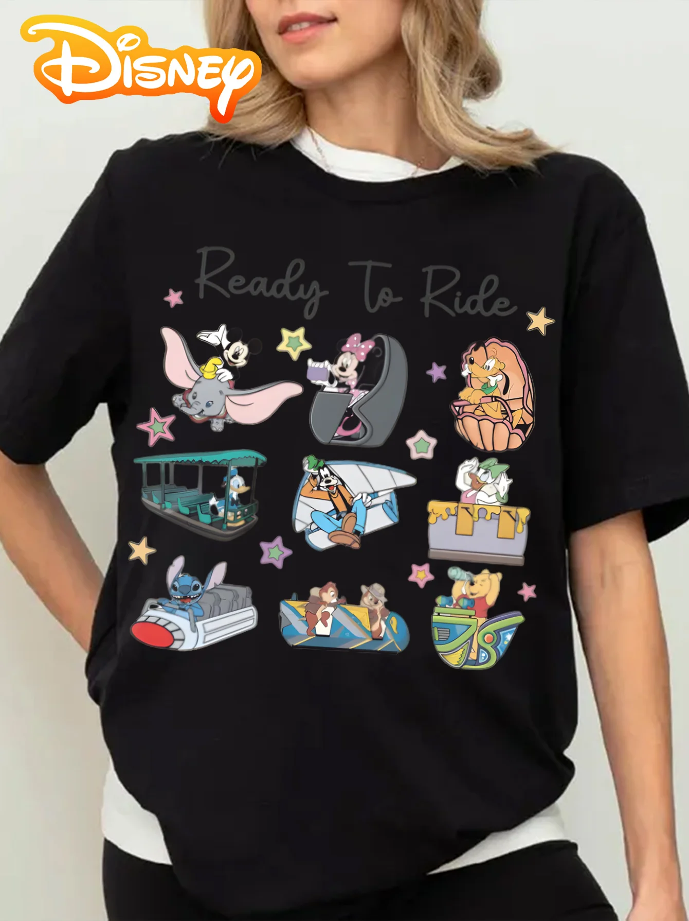 

Disney Women's Pattern T-shirt - Wide Elastic Band Fun Fairy Tale and Amusement Park Characters, Machine Washable