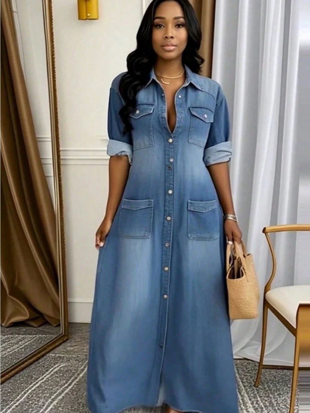 

Women's Casual Loose Long Denim A-Line Shirt Dress With Pockets