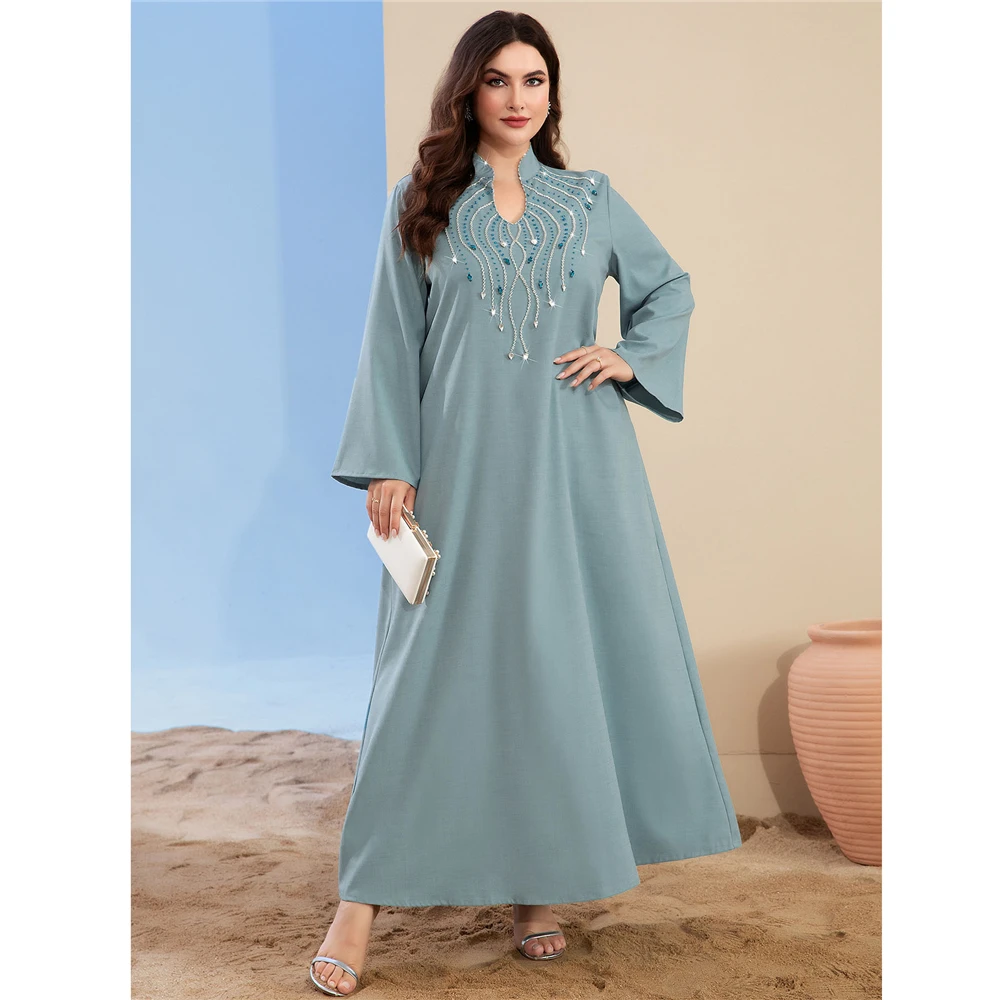 

Party Caftan Diamond Long Sleeve Abaya Muslim Women Dubai Arabic Stand Collar Dress Elegant Vestidos Kaftan Ramadan 2024 New