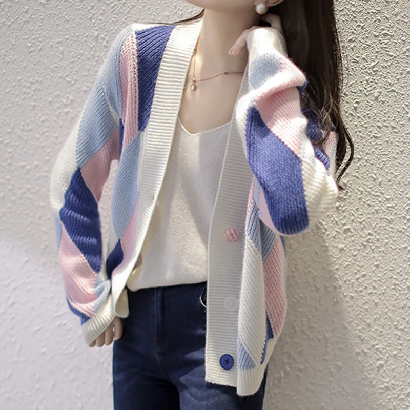 Woman Sweater Cardigan Knitting Korean Style Fashion Color Matching Long Sleeve woman's Clothing Dropshipping Sale YSLFA39