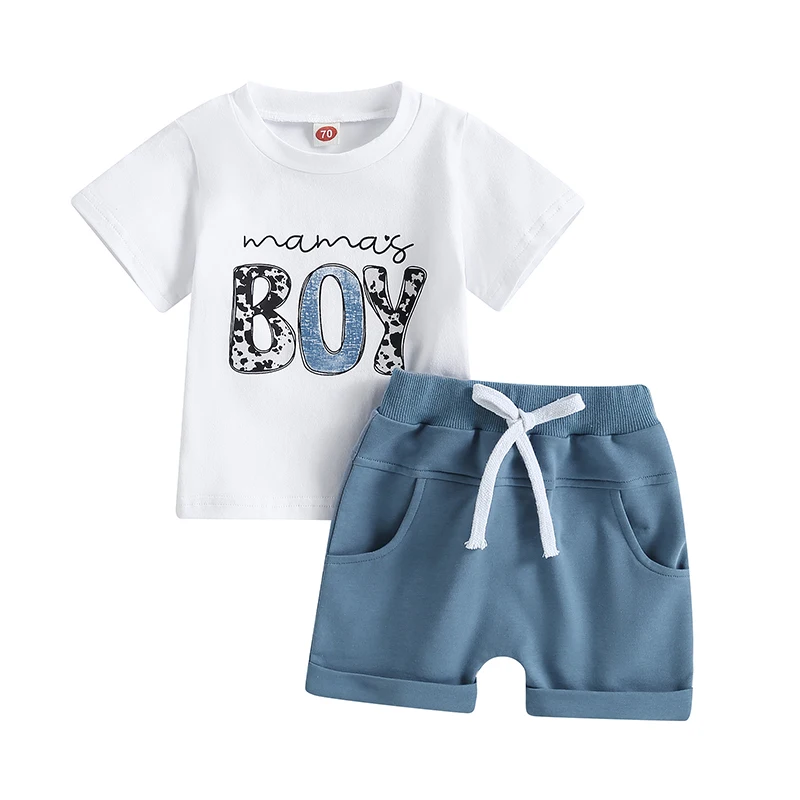 

Toddler Baby Boy Summer Outfit Set Mama s Daddy s Boy Short Sleeve T-Shirt Elasticl Rolled Shorts Clothes Set