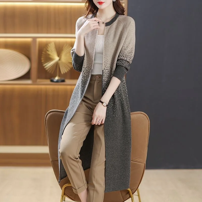 Autumn Winter Casual Loose Knitted Tunics Cardigan Women Clothing Thick O-neck Gradient Fashion Loose Wool Sweater Knitwea Coat