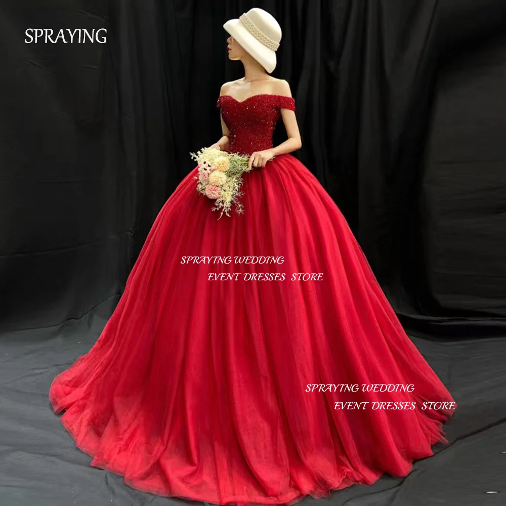 

SPRAYING Burgundy Elegant Wedding Party Dresses Off the Shoulder A-line Sweep Train Bridal Ball Gown Photo Shoot Korea Party