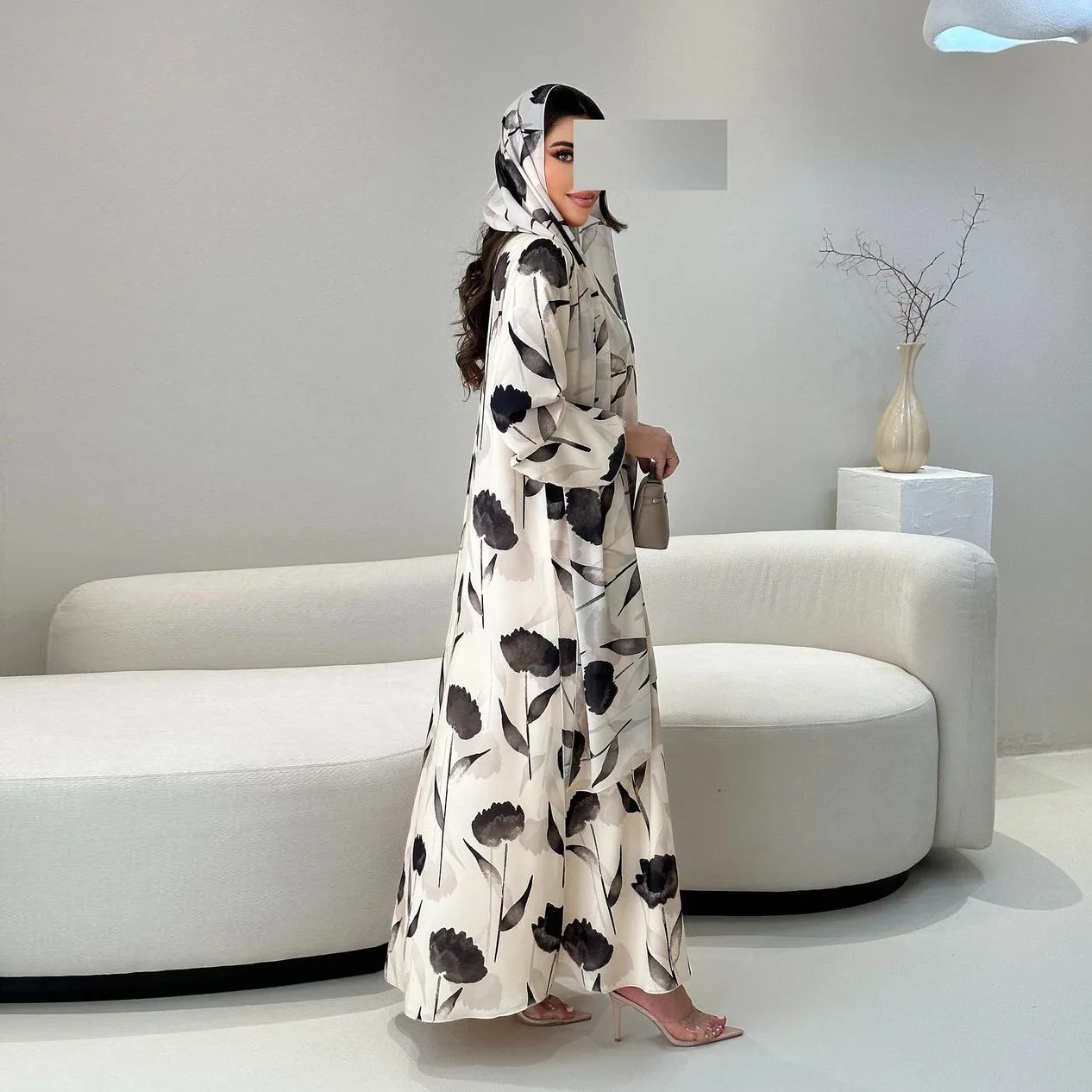 Women's Long Sleeved Printed Cardigan with Headscarf, European and American Fashion, Muslim Robe, Abaya Jacket