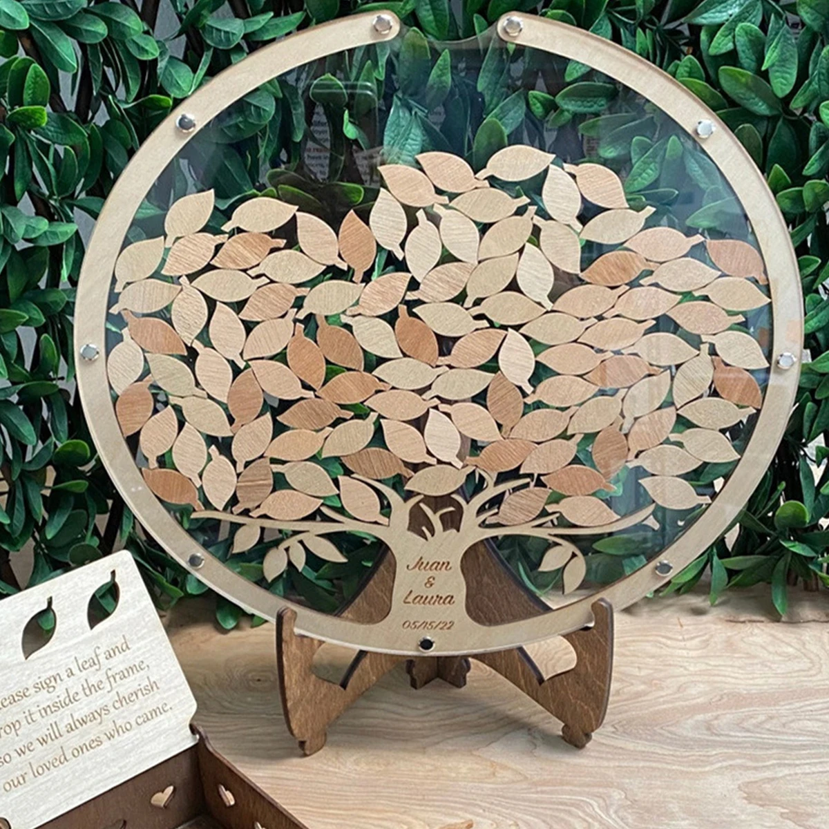 Wedding Guest Book Kit Wooden Transparent Guest Book Drop Box with Round Shape Frame Box Wooden Leaves Wedding Party Decoration