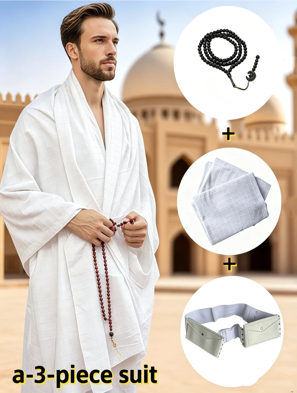 Ensemble Ihram musulman pour homme 3 pièces : serviette Ihram douce à motif quadrillé, ceinture, tasbih (chapelet de prière) pour le Hajj, l'Omra et la tenue de pèlerinage islamique