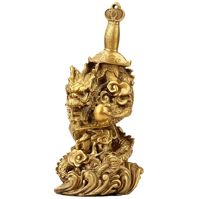 

Chinese Fengshui Copper Brass Animal Zodiac Year Lucky Dragon Sword Statue Home Decoration For Business Gift