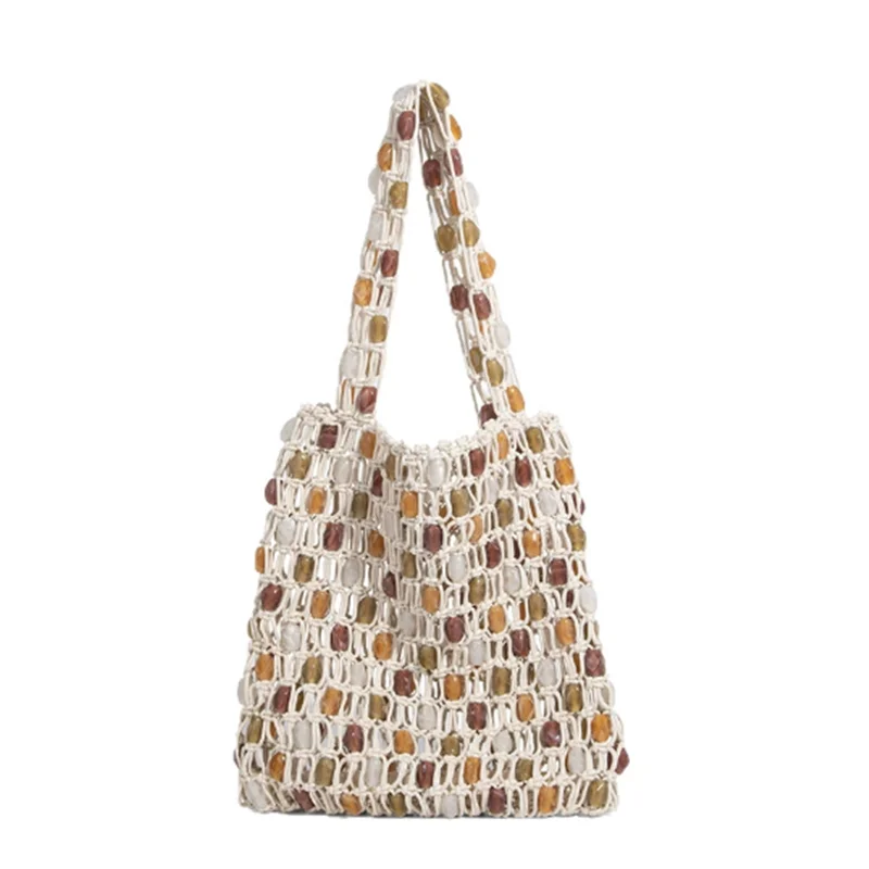 Summer New Casual Beaded Bag for Women, Fashionable High-End Woven Handbag with Lattice Hollow-Out Wooden Beads, Beach Bag