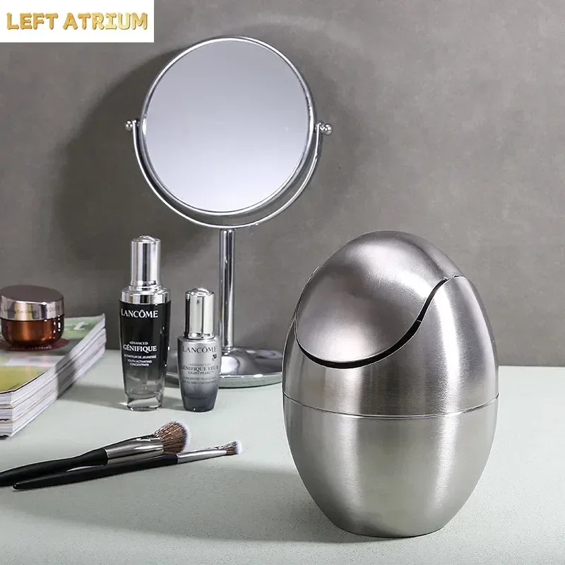 Wholesale Stainless Steel Household Trash Can with Lid Oval Shape Desktop Garbage Bin Luxury Paper Basket
