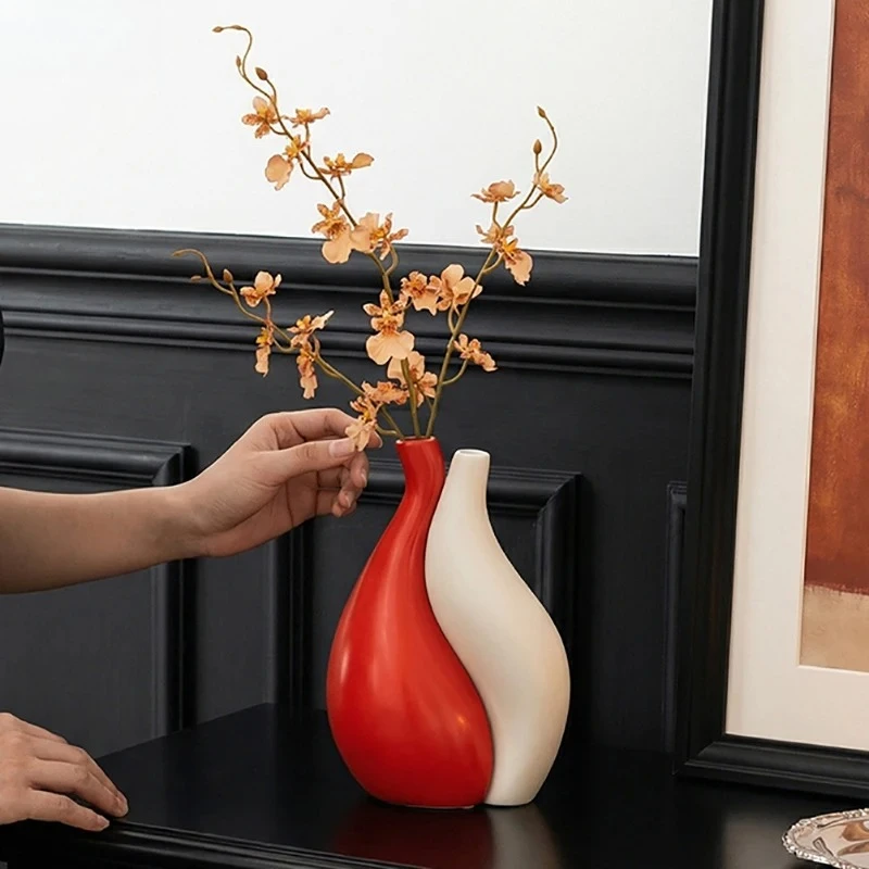 Red and White Color Blocked Vase Desk Decoration Artificial Flower Decorative Flowers Arrangement Vases Room Aesthetic Decor