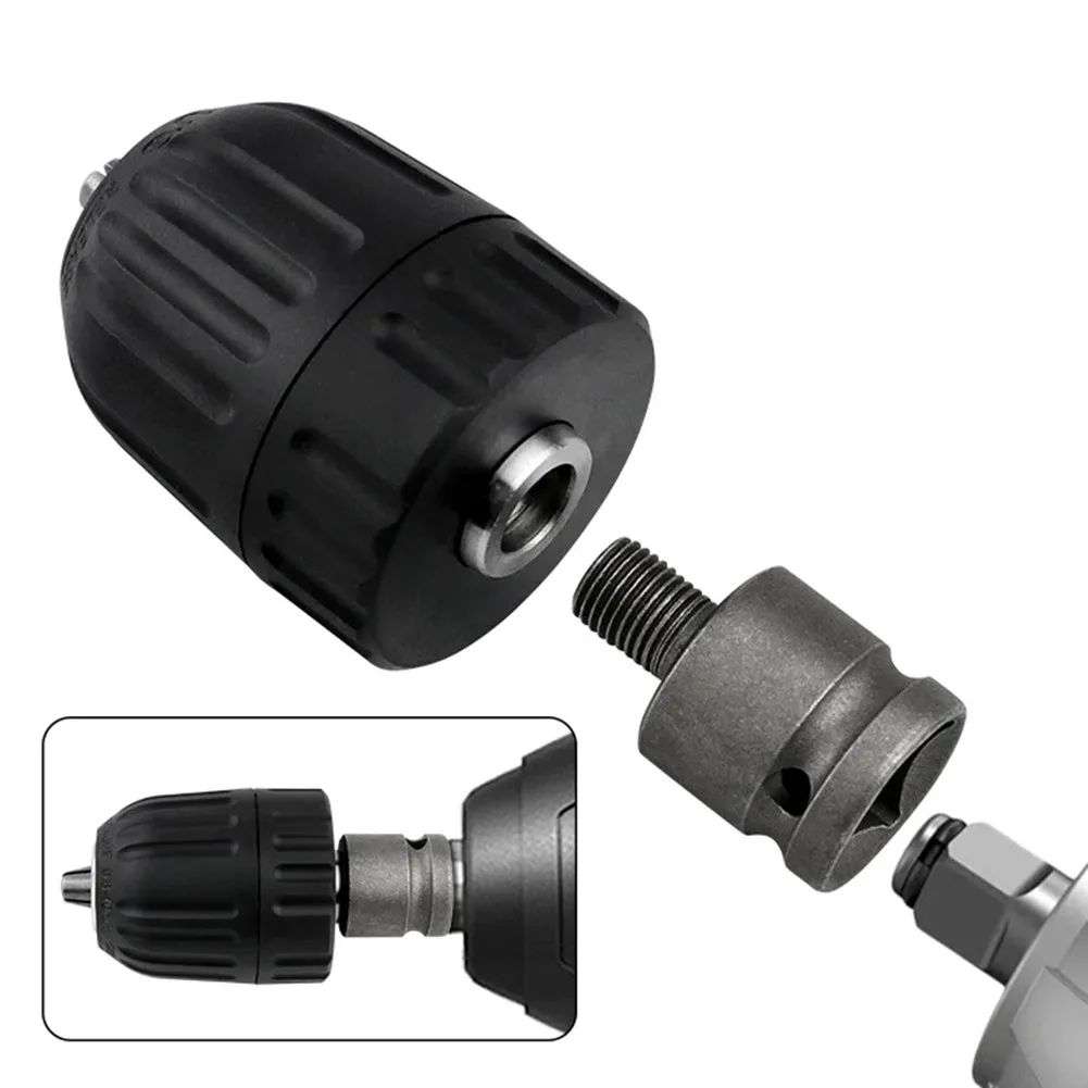 Electric Wrench Conversion Head Keyless Drill Chuck 0.8 to 10mm with 1/2 Inch Square to 1/4 Inch Hex Socket Adapter