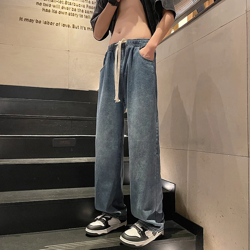 

Spring New Streetwear Baggy Jeans Men Korean Fashion Loose Straight Wide Leg Pants Male Brand Clothing Black Light Blue