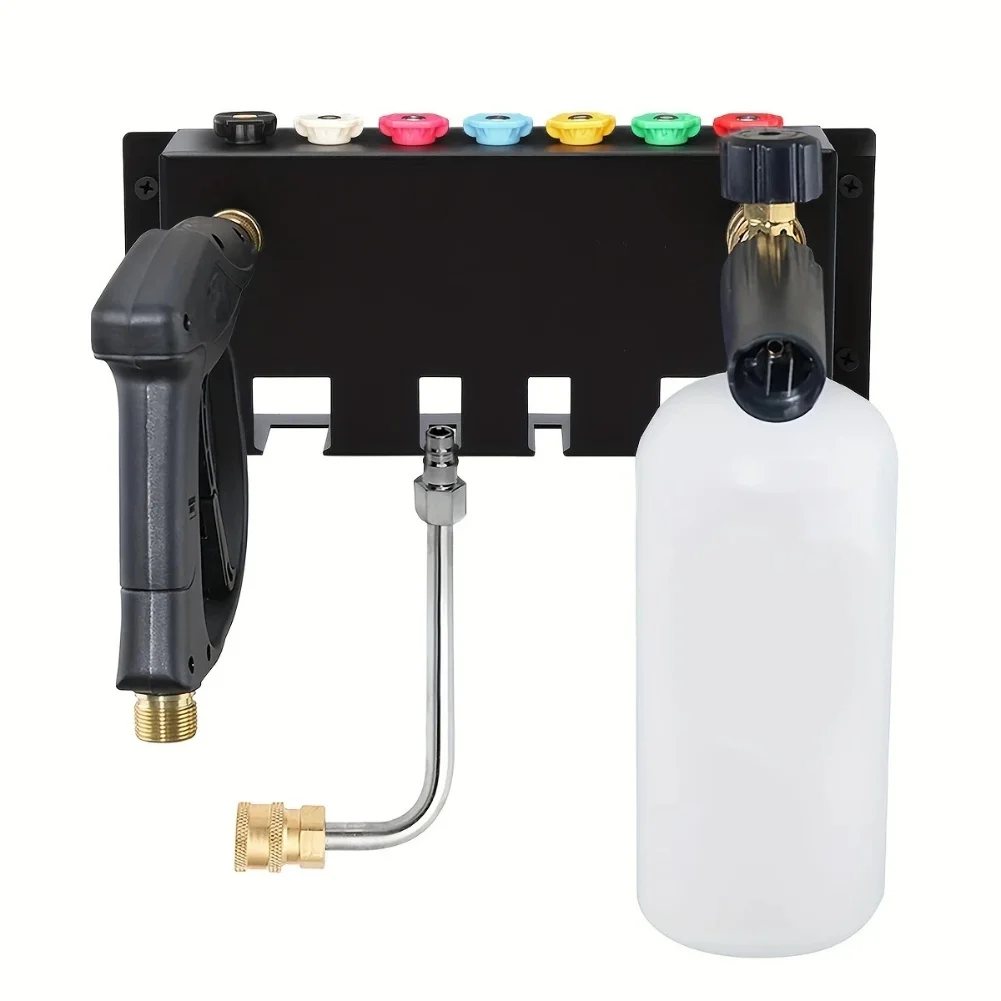 Wall Based Storage Rack for Pressure Washer Gear Including Foam Dispensers Spray Wands and Threaded Nozzle Adapters