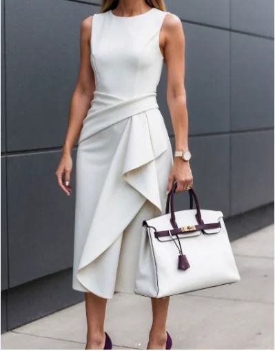 

2025 summer new fashionable and versatile solid color temperament, waist cinching sleeveless asymmetric dress