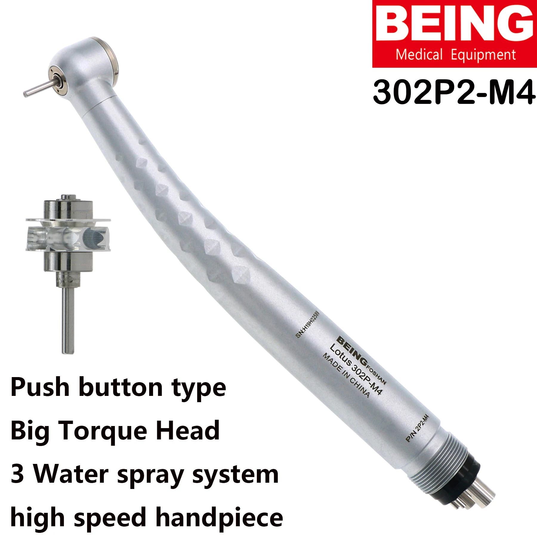 BEING Dental 302P-M4 High Speed Handpiece Torque Head Push Button 3 Spray Lotus