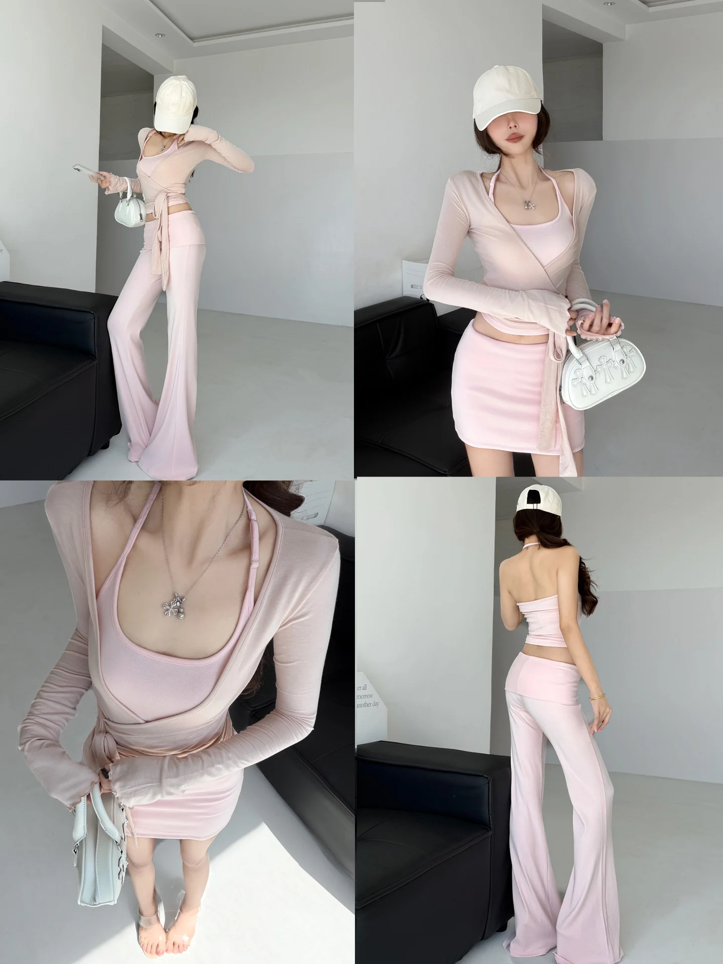 Lisa Ballet Style Women's Slim Fit Long Pants Set Four Pieces Soft Elegant Sweet Cool Wind Cardigan Strap Fashionable Summer