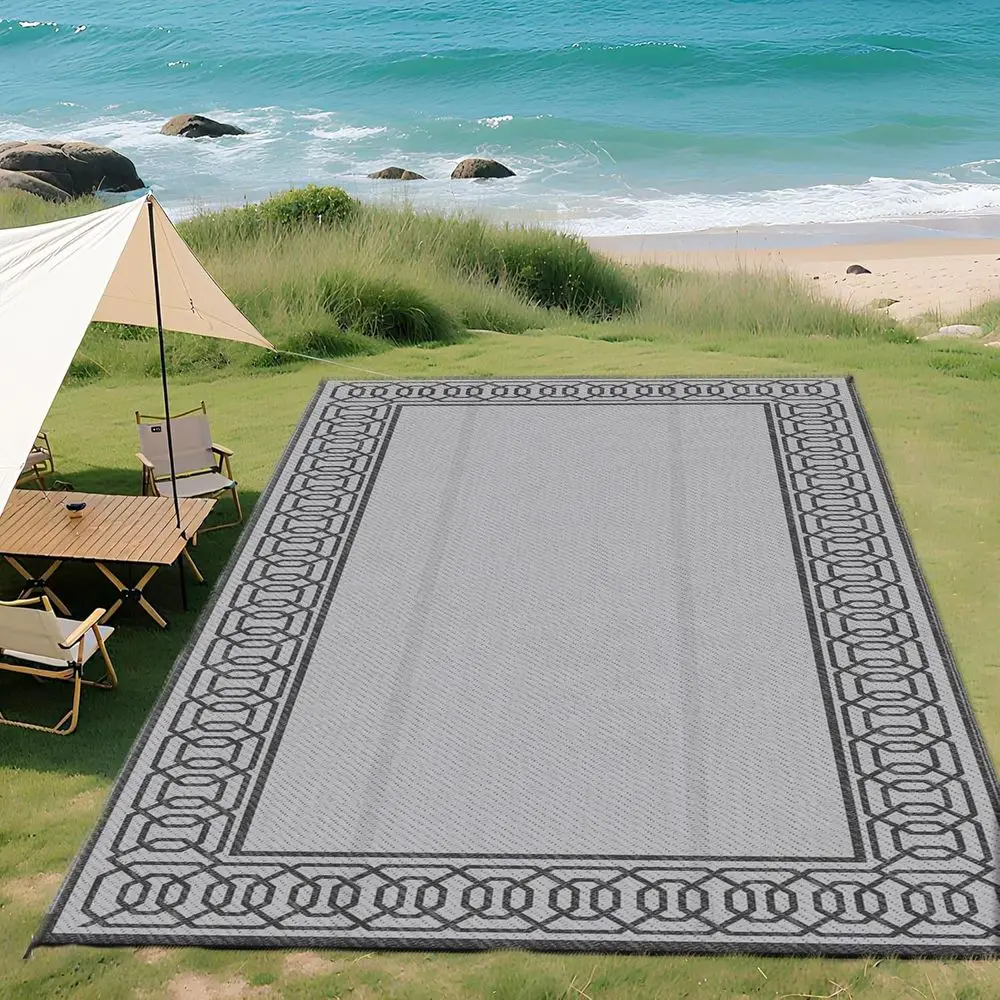 

9' x 18' Waterproof Outdoor Rug, Reversible Plastic Mat for RV, Camping, Backyard, Deck, Picnic - Black & Gray Border