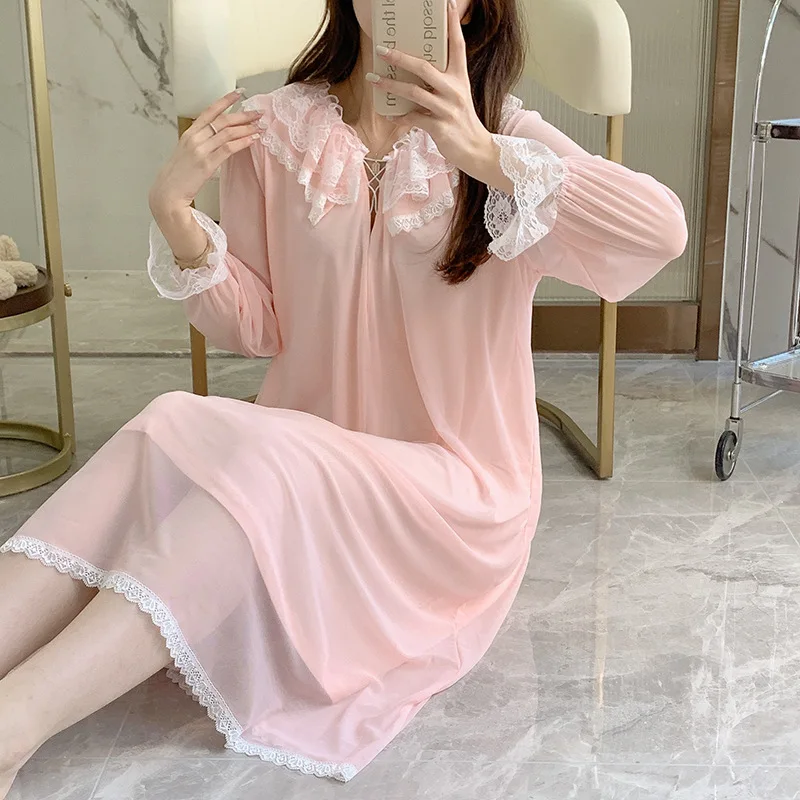 Court Princess Nightgowns Modal Spring Autumn Medium Long Pajamas Dress Lace Mesh Loungewear Nightdress Women Sleepwear
