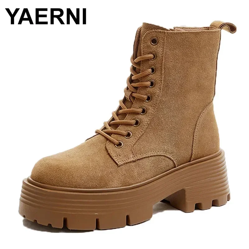 

2025 Women Autumn New Genuine Leather Suede chunky Women Short Boots British Style Women Motorcycle Boots