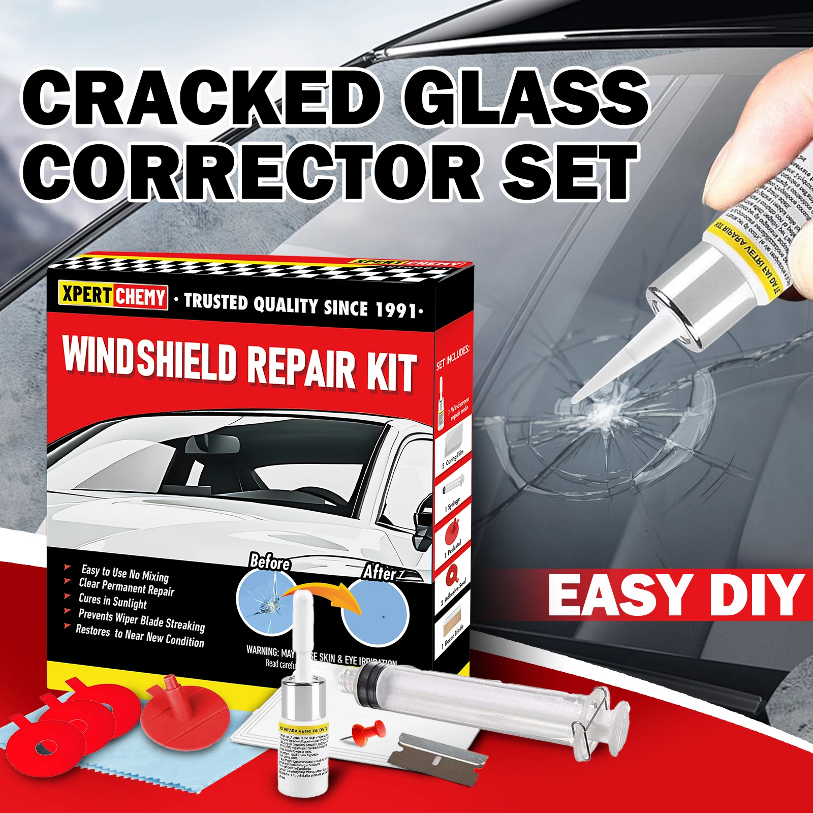 

Комплект для ремонта лобового стекла автомобиля, шприц, набор инструментов для фиксации чипа автоматического стекла