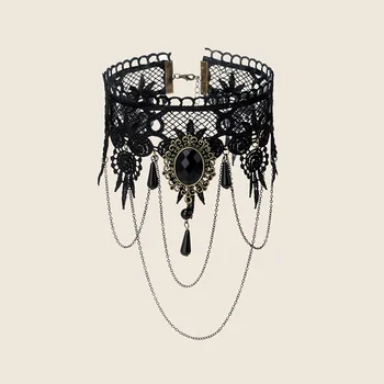 Gothic Viktorianische Schwarze Spitze Halskette Frauen Mädchen Boho Kristall Quaste Sexy Halsband Steampunk Dark Loli Stil Halloween Schmuck