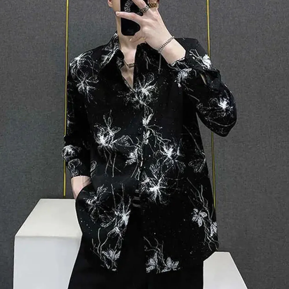 Mens Shirt Printed Butterfly Shirt Autumn Casual Niche Personality Temperament Nightclub Performance Clothes Top Men'S Clothing