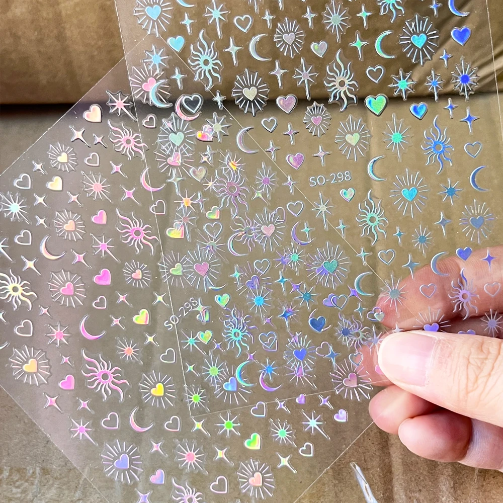 2 ورقة ثلاثية الأبعاد ليزر ستار الشمس القمر البرنز مسمار الفن ملصقات الليزر الوردي + الأبيض بوهيميا النجمي مسمار الشارات DIY بها بنفسك رومانسية مانيكير #4