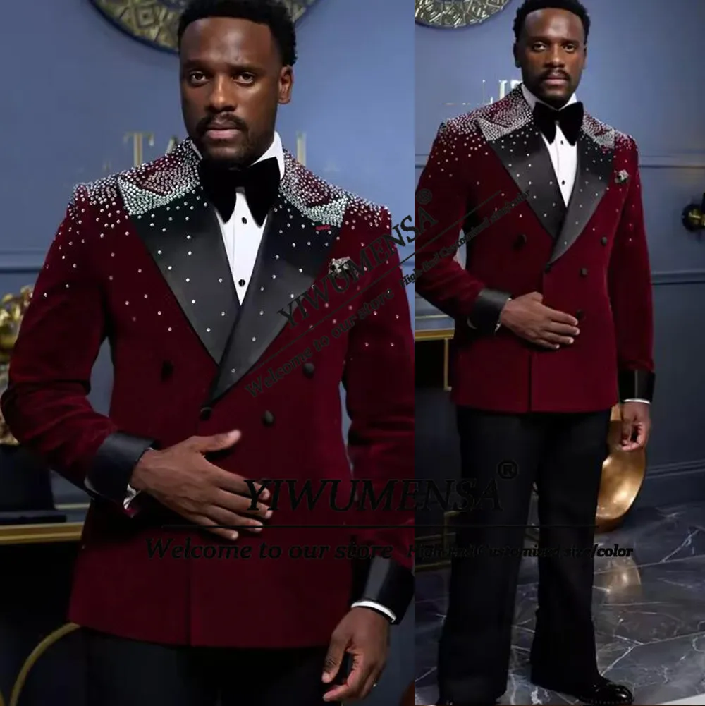 

Роскошный мужской костюм для свадьбы: атласный пиджак и брюки из бархата, 2-х предметный комплект с бисером и камнями, свадебный смокинг, индивидуальный пошив, мужской наряд.