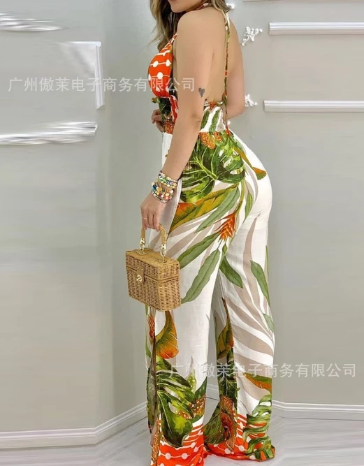 

Elegant Sexy Jumpsuit for Women 2024 Summer Sleeveless Tropical Printed Hanging Neck Temperament Commuting Jumpsuit