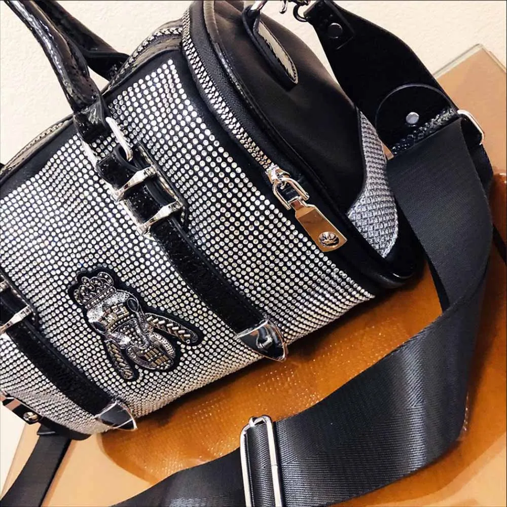 Women Shining Rhinestone Handbag Genuine Leather Top Handle Tote Bag Shoulder Crossbody Bolsas Female Brand Designer Luxury Sacs