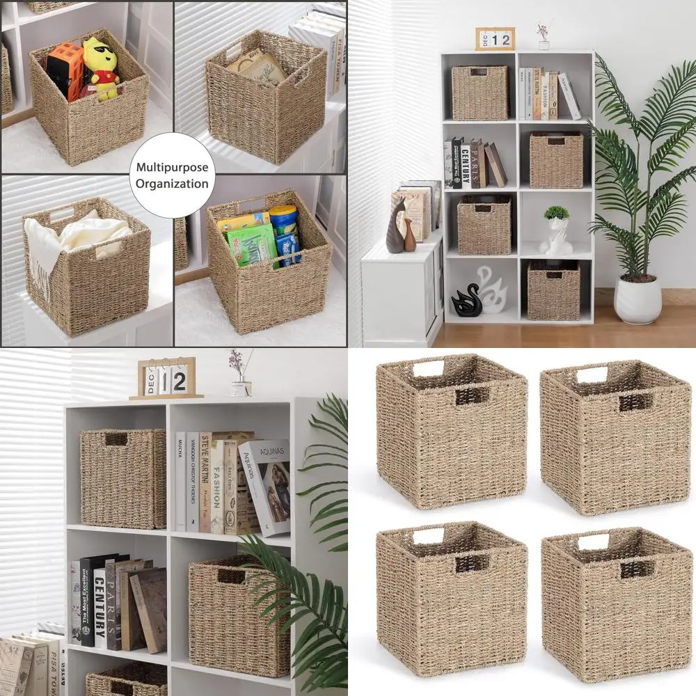 

Set of 4 Foldable Seagrass Storage Baskets, 10.5 Cube Woven Decorative Shelves Baskets