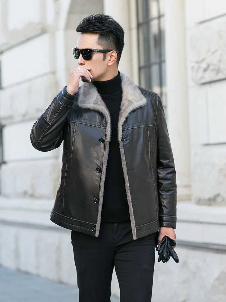 

Winter Genuine Leather Jacket Men 100% Goatskin Coat Wool Fur Lining Plus Size Mink Collar JM-31-E739 KJ3844