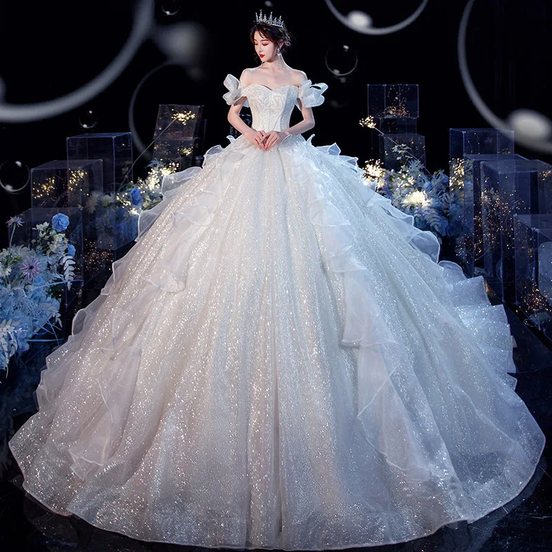 Elegant Main Wedding Dress Mori Style New Small Bride Big Tail Super Fairy Starry off-Shoulder Dream Floor-Length