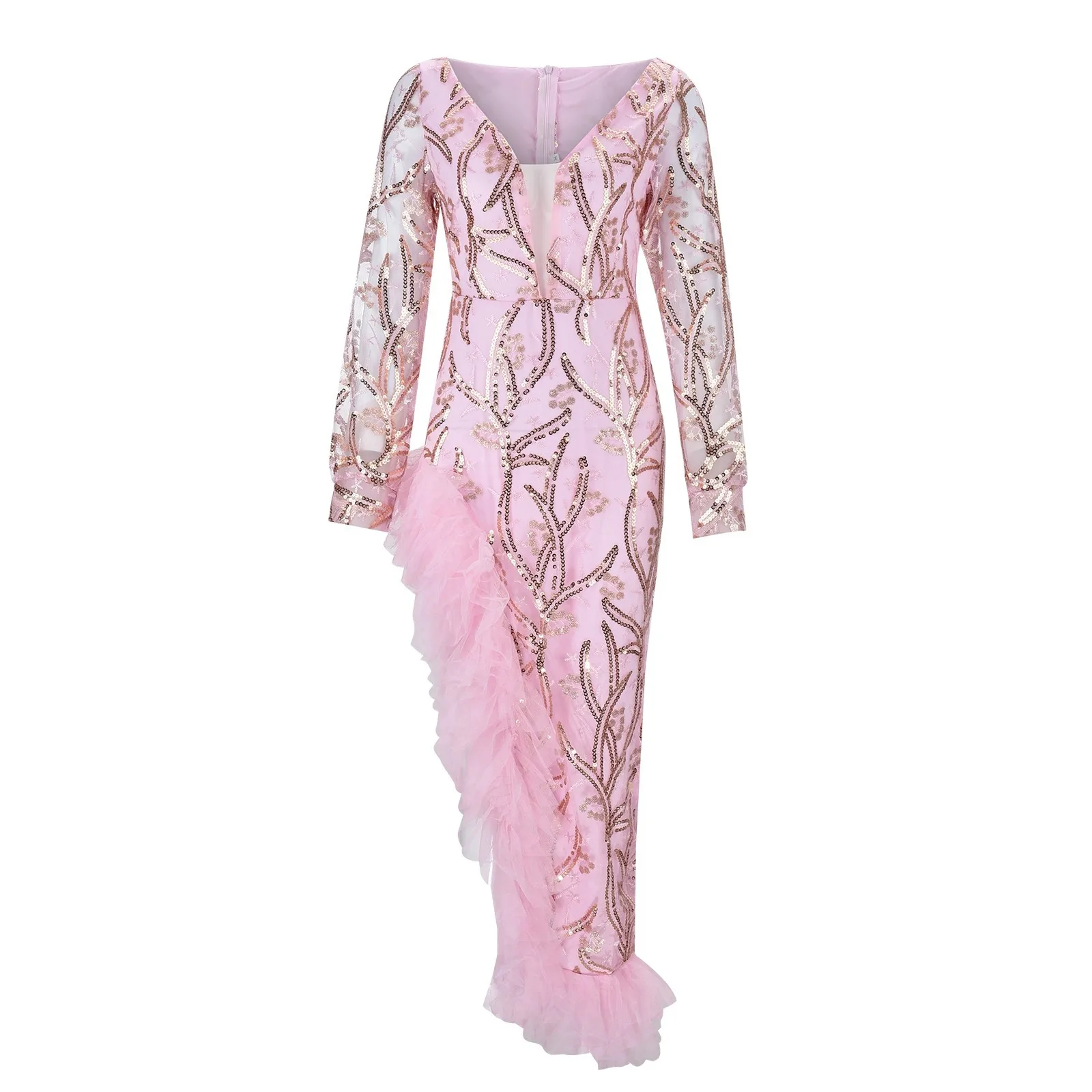 Robe longue à volants fendus sur le côté à col en V pour femmes, robe rose élégante, robe de soirée, robe de soirée pour femme, boîte de nuit, Rhde fin d'année, mariage, sexy