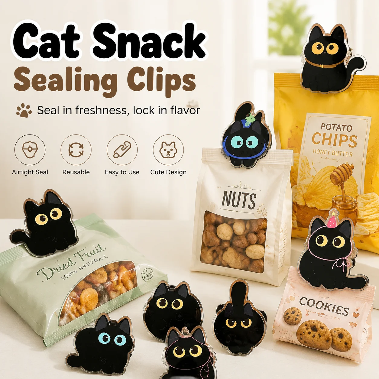 8Pcs Cute Black Cat Bag Clips Food Storage Sealing Clips Moisture-Proof Snack Bag Sealers Reusable Kitchen Organizer Tool