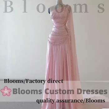 Customized Pink One-Shoulder Pleat Prom Dresses Beaded Sweet Luxury Evening Dress Elegant Formal Ruched Floor-Length Party Gown