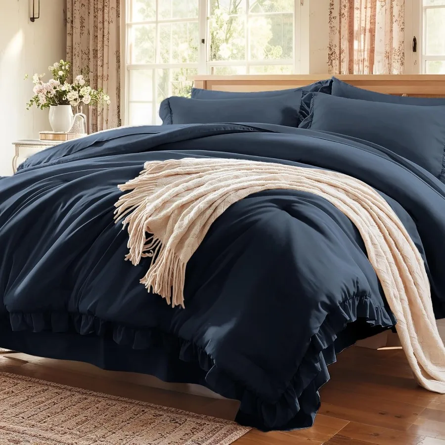 

Full Comforter Set 7 Piece Navy Blue Bed in a Bag with Sheets All Season Ruffle Shabby Chic Bedding Sets with 1 Comforter 2 Pil