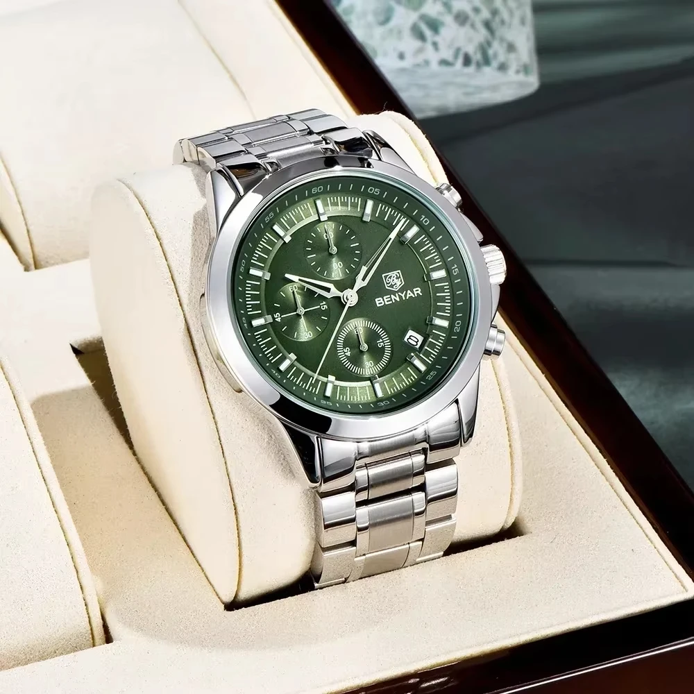 BENYAR 2025 جديد أزياء الرجال 42 مللي متر الهاتفي ساعة كوارتز الفولاذ المقاوم للصدأ توقيت رمز التقويم ضوء الليل 5bar مقاوم للماء reloj hombre