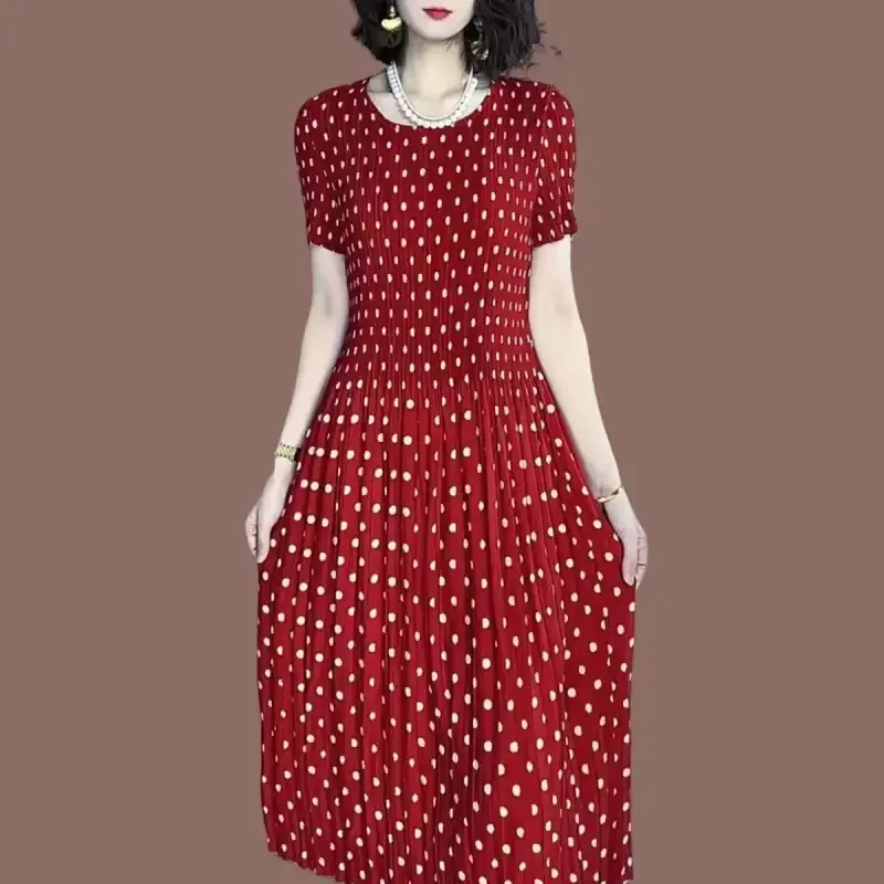 

Red Polka Dot Pleated Midi Dress With O Neck And Short Sleeves Classic Elegant Women's Loose Fit A Line Style Spring Autumn Wear
