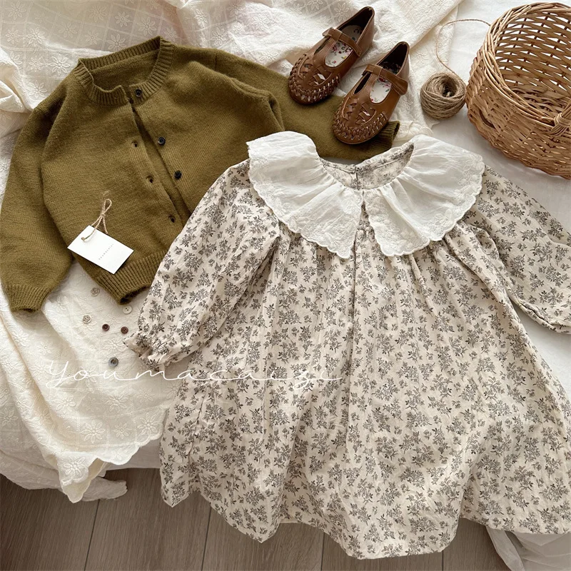 7373 Children Dress Autumn 2023 New Girl Floral Embroidery Lace Collar Dress Cotton Casual Girl's Dress