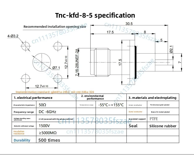 1pc tnc-kfd-8-5 four-hole flange with waterproof ring tnc microstrip female seat hole spacing 12.7 medium diameter 7-pin 2.1