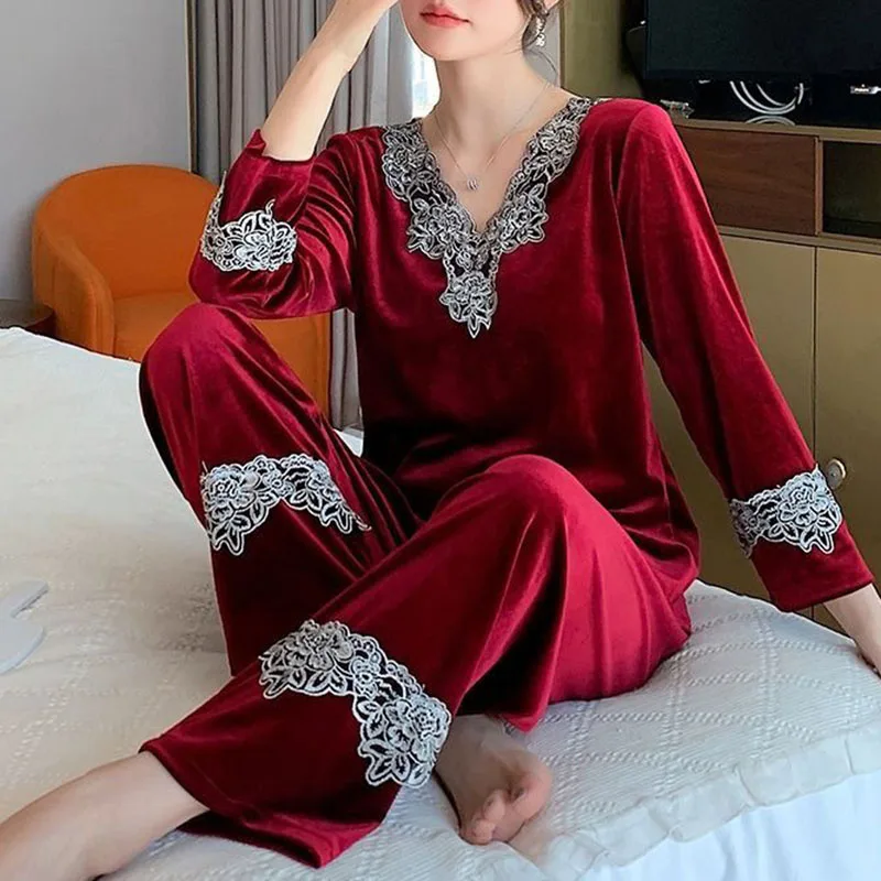 Oversize Velvet Pajama Sets Spring Womens Loose Long Sleeve Loungewear Suits Sleepwear Casual Pants Nightwears 2 Piece Conjunto