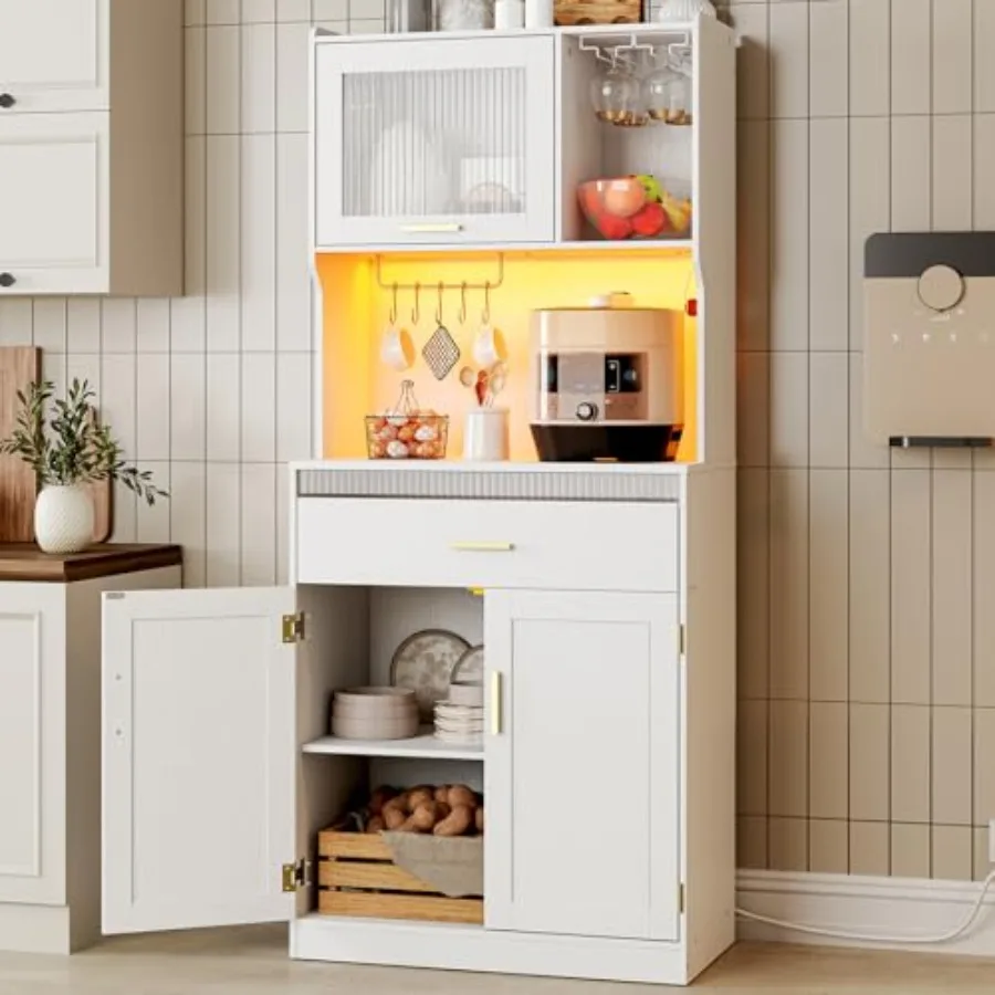 Pantry Cabinet 67 Kitchen Pantry Storage Cabinets with LED Lights and Charging Station Modern Hutch Cabinet with Microwave Stan