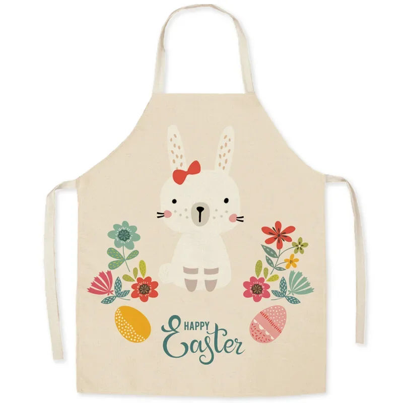 Cute Easter Bunny Printed Kitchen Apron for Adult Kid Cotton Linen Aprons Home Cooking Baking Waist Bib Pinafore Cleaning Tools