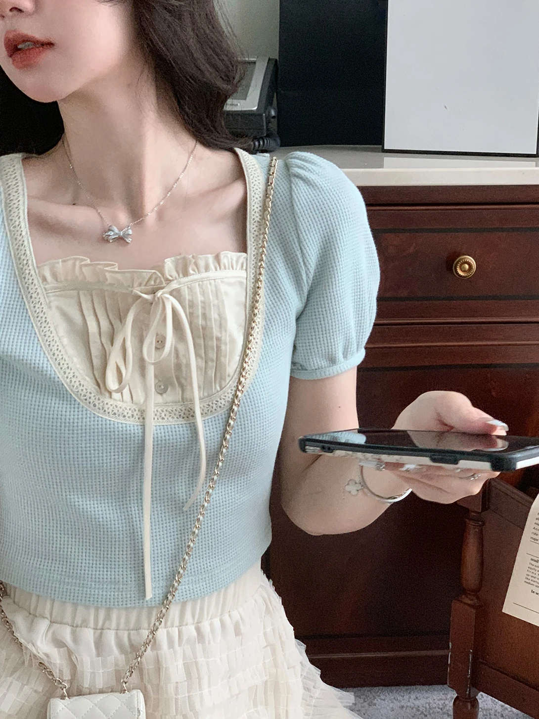 

Ele Lace Bubble Sve T-irt Women's Summer Blue Square Collar ort Sve Casual Faion Sensation Aunt Deer Uncle De...