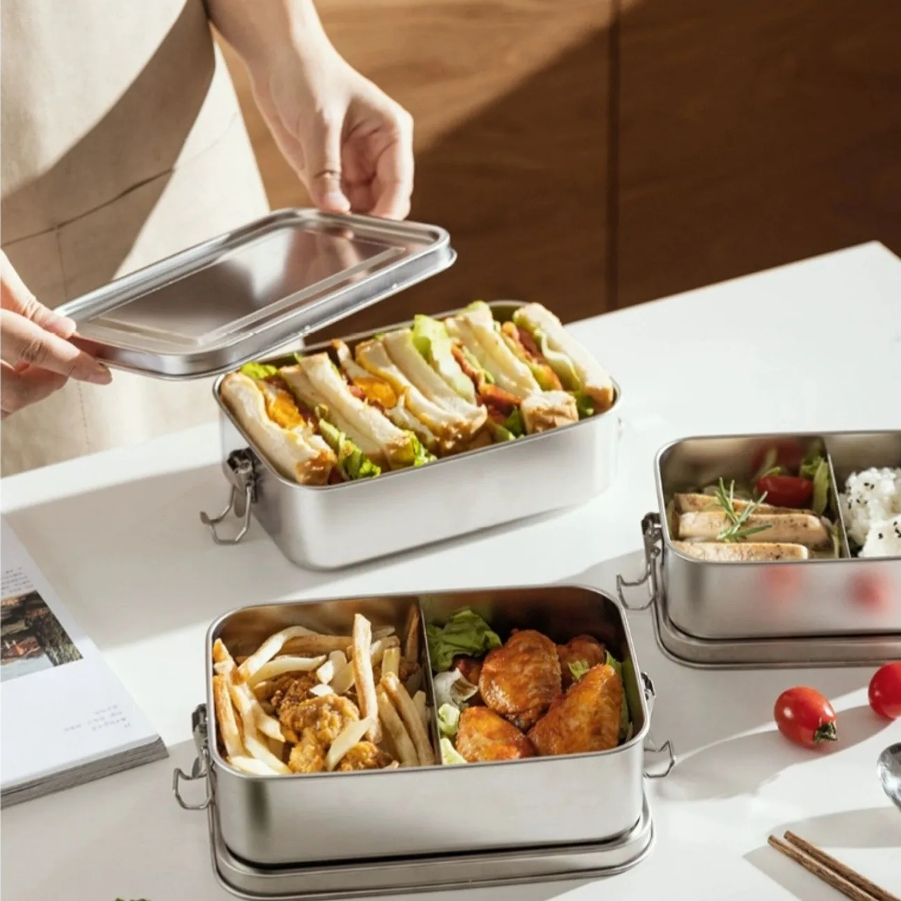 Stainless Steel Square Lunch Box Sealed Insulation Bento Box Lunch Box Canteen Large Capacity Compartment Lunch