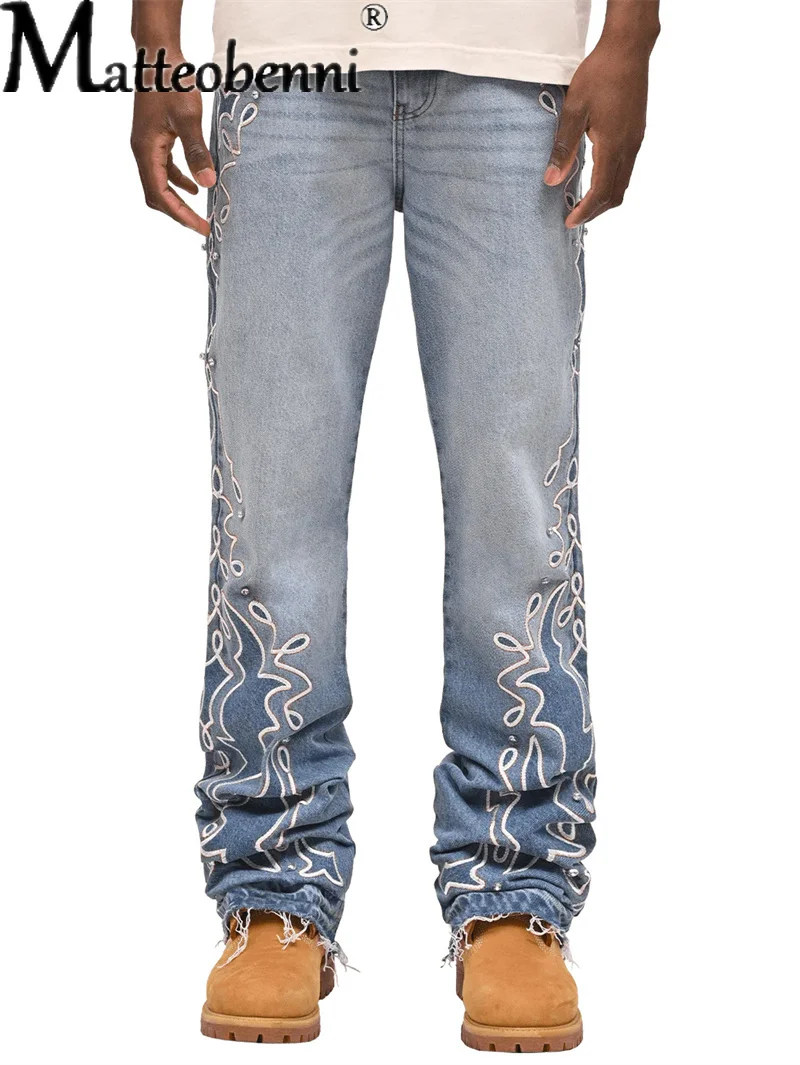 Vintage Embroidery Straight Denim Pants Trend Male Punk Style Wide Leg Jeans Streetwear Four Seasons Daily Casual Trousers 2025