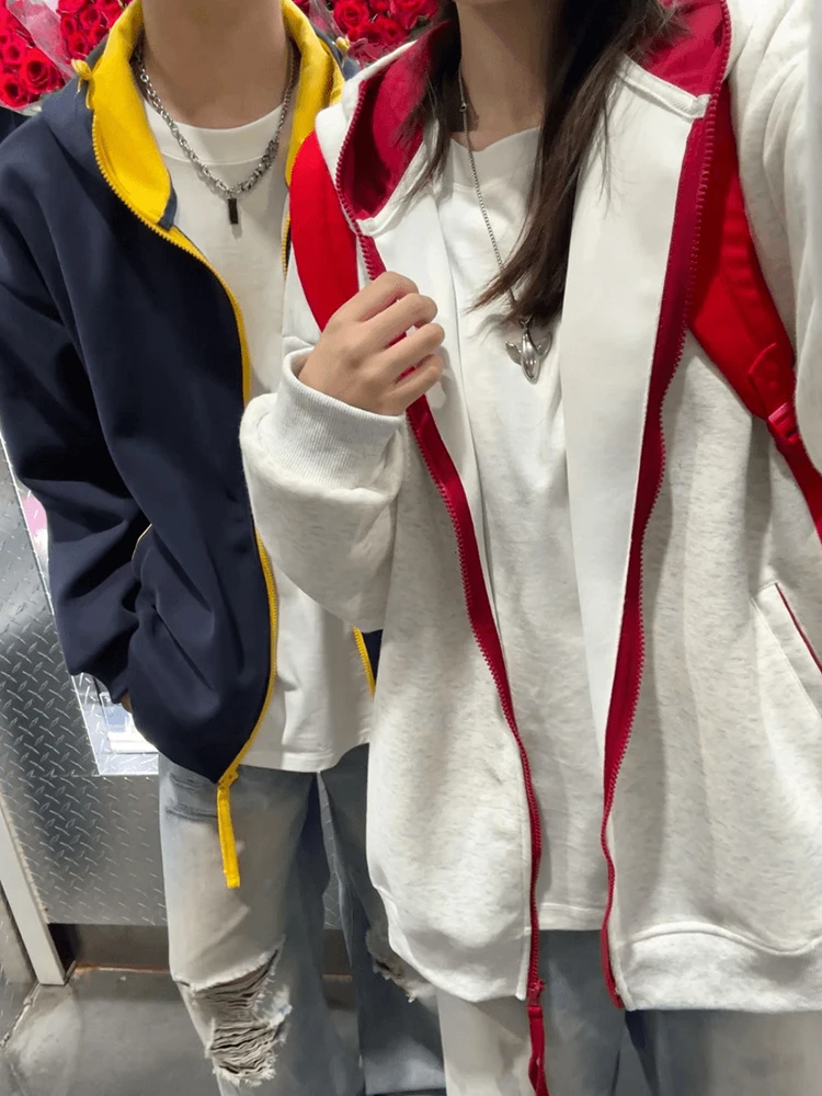 

American Sle Zipper Hoodie Cardigan Men Women Autumn Heavyweight Lazy Couple Matching Hooded Jaet Outerwear Contrast Colo...